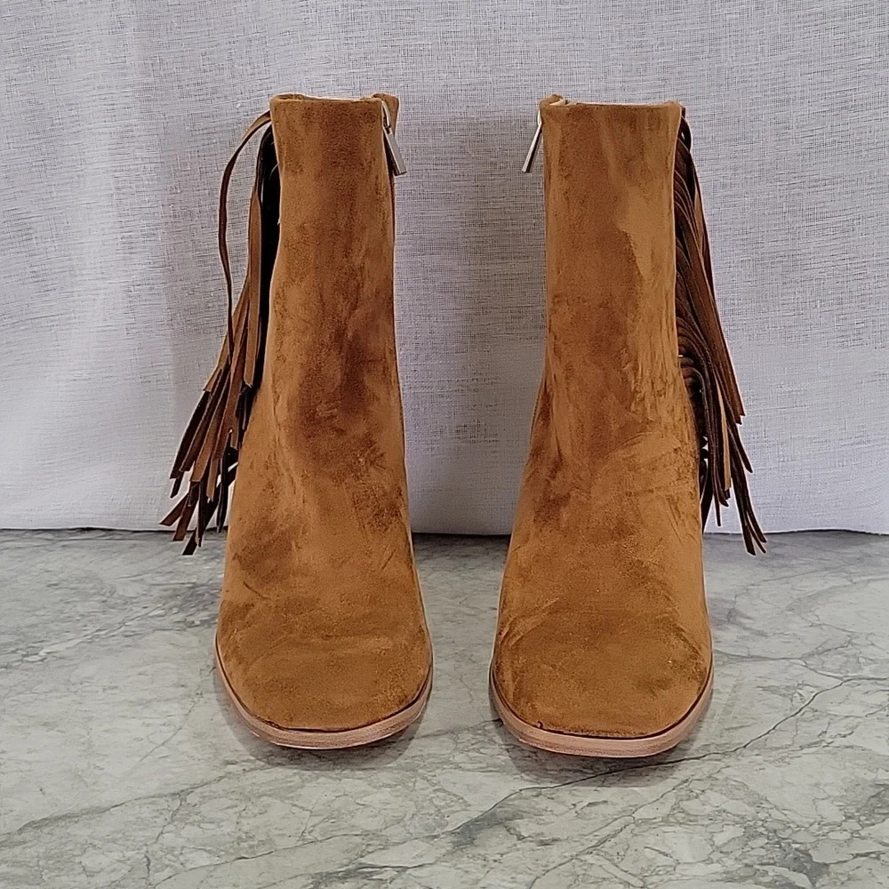 Women's Square Toe Chunky Block Heel Fringe Side Zipper Ankle Boots - Picture 4 of 9